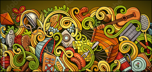 Picnic hand drawn doodle banner. Cartoon detailed flyer.