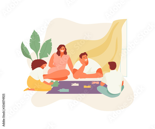 Playing family spending time at home. Self-isolation coronavirus. Vector illustration