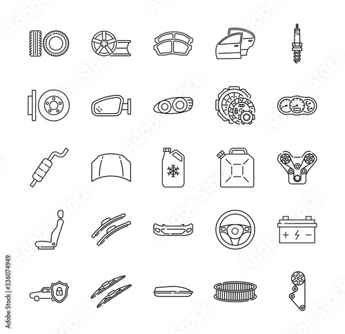 Auto parts for car service line icon set. Vector illustrations to indicate product categories in the online auto parts store. Car repair. Brake pad, wheel, tire, wiper blade, spark plug, brake rotor