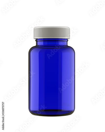 Blue Transparent Plastic Bottle for Pills Packing. 3D Render Isolated on White Background.