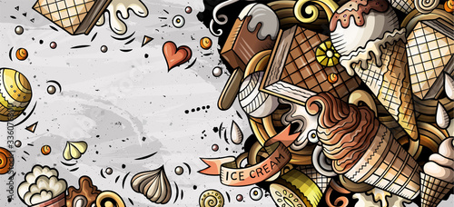 Ice cream hand drawn doodle banner. Cartoon detailed flyer.