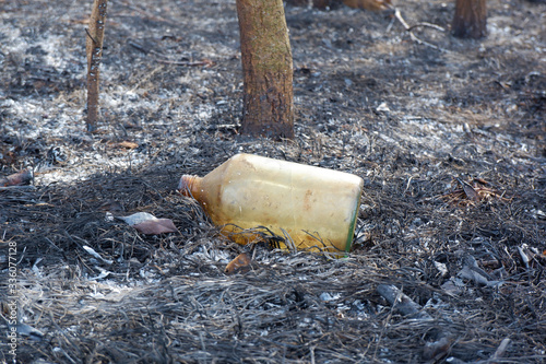 Bottle from flammable liquid on ashes of burnt grass after wildfire close up view. Humanity blame in fores fires, wildfires caused by humans concept