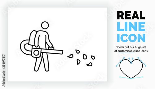 Editable real line icon of a stick figure with a leaf blower