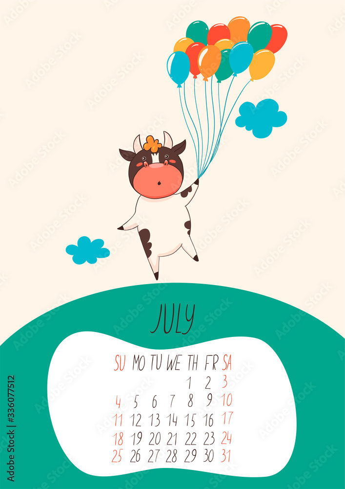 Obraz premium Calendar for July 2021. Cute bull holds balloons. Vector graphics.