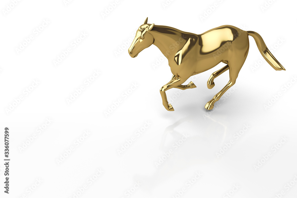 Obraz premium 3D Illustration. Glossy Gold Strong horse in Elegant running Pose, Isolated with Clipping Path, Clipping Mask. Business Strategy planning and leadership Concept.