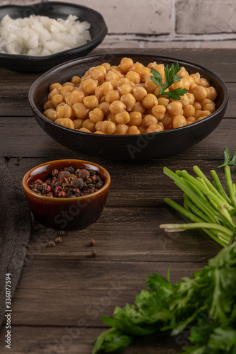 Chickpeas in a bowl on kitchen countertop
