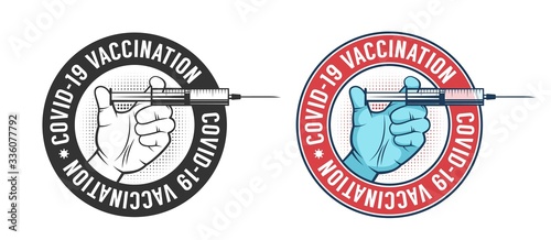 Vaccination vintage logo. Hand with syringe retro emblem. Vector illustration.