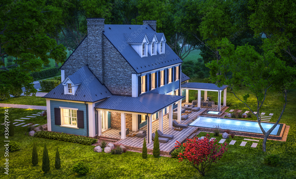 3d rendering of modern cozy classic house in colonial style with garage and pool for sale or rent with beautiful landscaping on background. Clear summer night with many stars on the sky. 3d rendering of modern cozy classic house in colonial style with garage and pool for sale or rent with beautiful landscaping on background. Clear summer night with many stars on the sky.