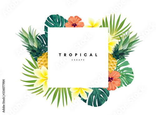 Green summer tropical background with exotic monstera palm leaves, pineapples, plumeria and hibiscus flowers. Vector floral background. Party flyer, invitation or banner template.