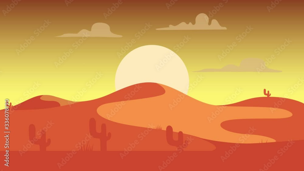 Animated cartoon background. Looped animation of desert landscape with cactuses. Flat footage with parallax effect. side view