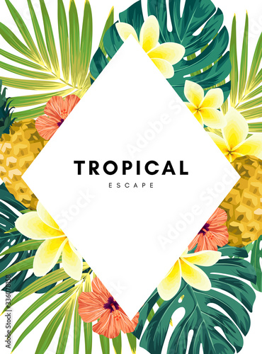 Green summer tropical background with exotic monstera palm leaves, pineapples, plumeria and hibiscus flowers. Vector floral background. Party flyer, invitation or banner template.