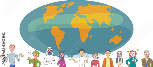 地球に立つ様々な国の人たち　イラスト
