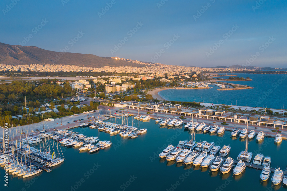 aerial view to rows of yachts in marine of Athene in Greece