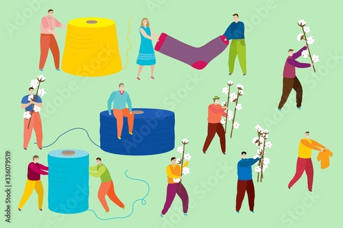 Tailor people with cotton thread vector illustration. Tiny cartoon seamstress, woman man tailor character with spool thread for sewing, cotton branch, sock or clothes in hand. Tailoring people set