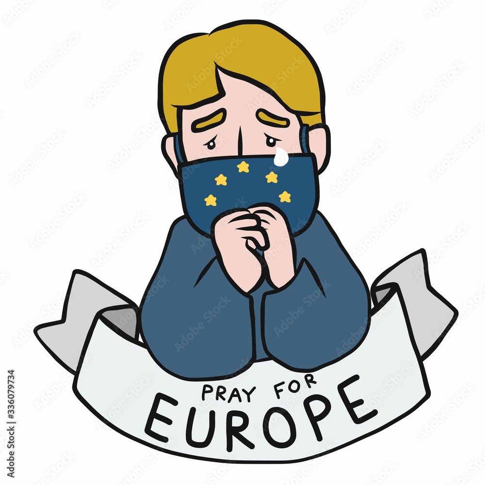 Pray for Europe, Man wearing mark Europe flag cartoon vector illustration Pray for Europe, Man wearing mark Europe flag cartoon vector illustration