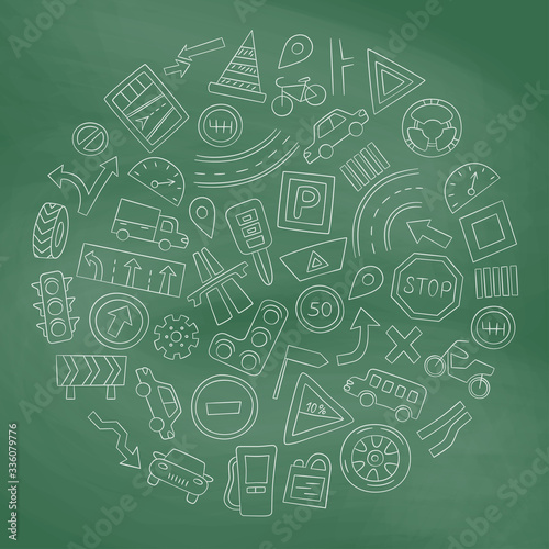 Set of cars, road objects, traffic signs and automobile symbols. Vector illustration in doodle style for driving school, car shops, auto parts store, service centers. Chalkboard