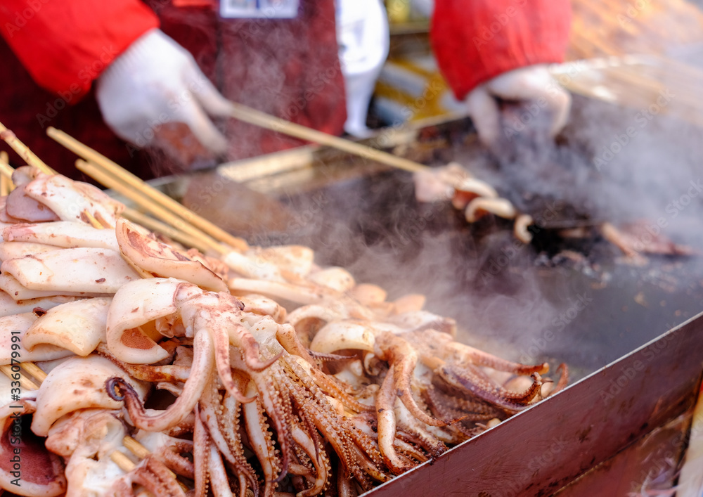 Deep fried squid at a street market in China Deep fried squid at a street market in China