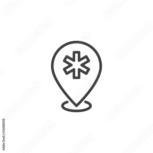 Pharmacy location pin line icon. linear style sign for mobile concept and web design. Drugstore map marker outline vector icon. Symbol, logo illustration. Vector graphics