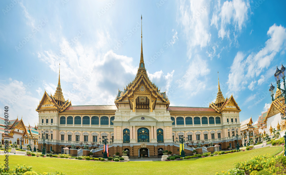 Panorama of Grand Palace complex, view to Chakri Maha Prasat Throne Hall. Bangkok, Thailand