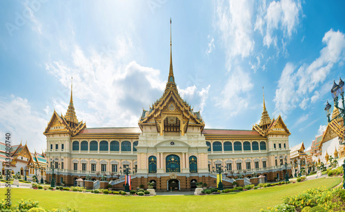 Panorama of Grand Palace complex, view to Chakri Maha Prasat Throne Hall. Bangkok, Thailand photo