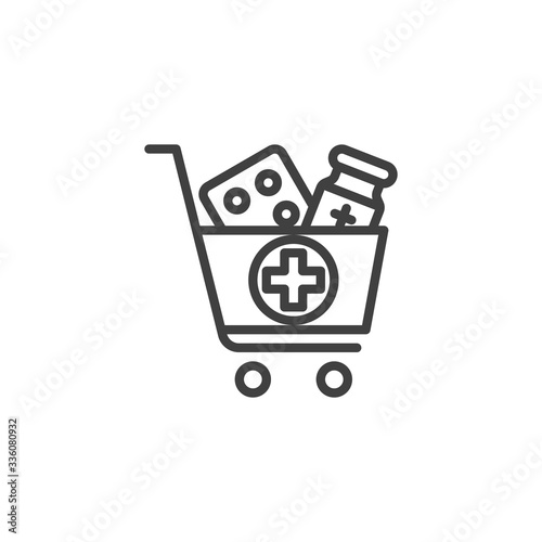 Medicine delivery cart line icon. linear style sign for mobile concept and web design. Pharmacy, drugstore delivery service outline vector icon. Symbol, logo illustration. Vector graphics