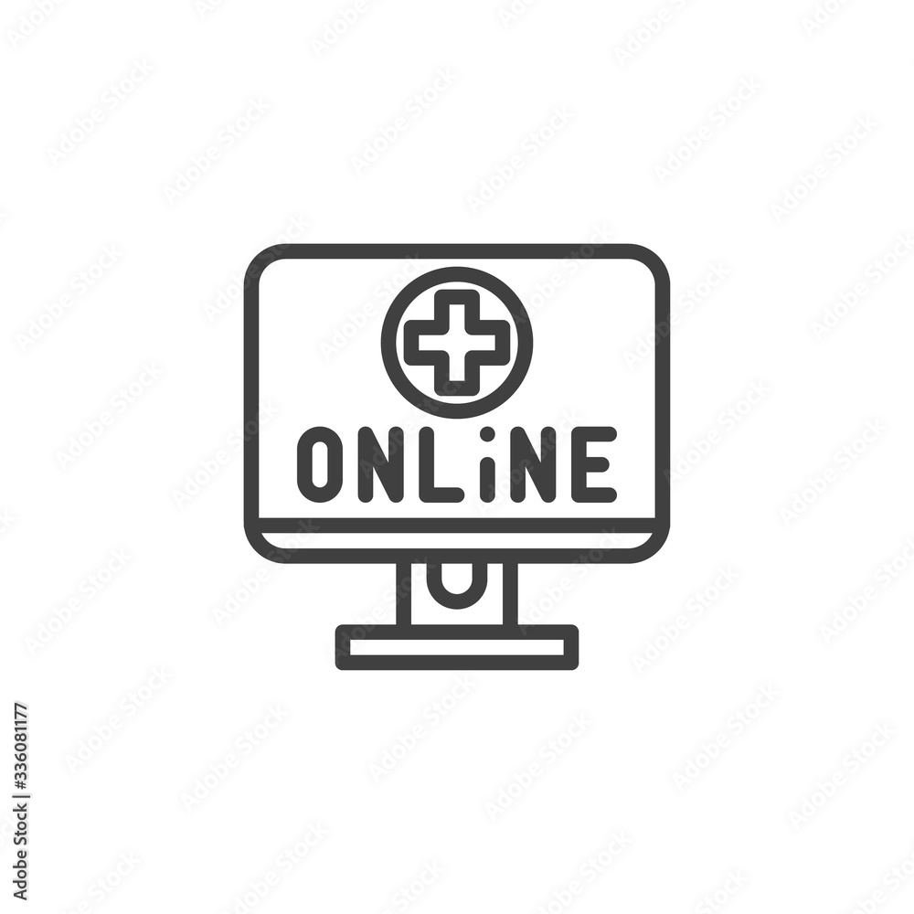 Online pharmacy line icon. linear style sign for mobile concept and web design. Computer display with medical cross outline vector icon. Symbol, logo illustration. Vector graphics