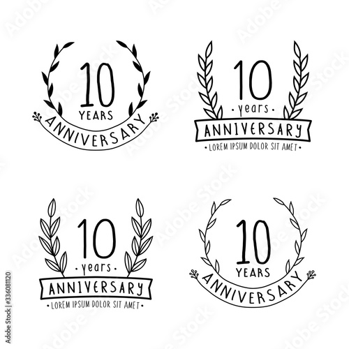 10 years anniversary logo collection. 10th years anniversary celebration hand drawn logotype. Vector and illustration. 