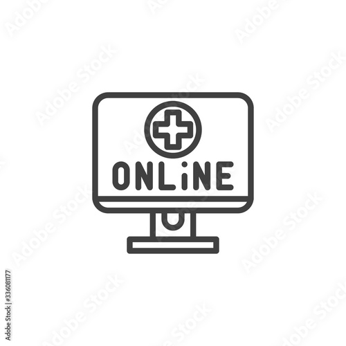 Online pharmacy line icon. linear style sign for mobile concept and web design. Computer display with medical cross outline vector icon. Symbol, logo illustration. Vector graphics