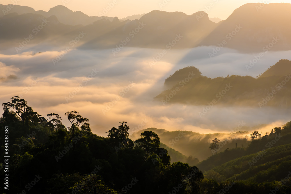 Beautiful scenery during sunrise of Doi Tapang (Doi Ta Pang) Viewpoint at Khao Talu Subdistrict, Sawi District, Chumphon province in Thailand.