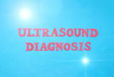 Inscription ultrasound diagnosis in red letters on a blue background. The concept of examination of human organs and the detection of diseases using ultrasound, neurosonography