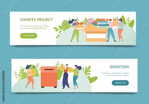 Donation, charity poster banner vector illustration design. Charitable contribution concept. People donate toys, clothes, book, money. Man, woman cartoon character volunteer give coin in donation box.