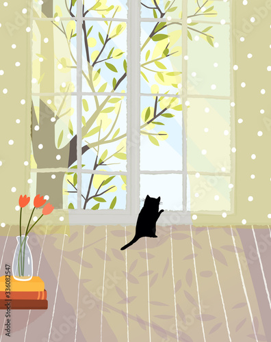 Cozy romantic living room with bright light and kitten looking in window. Empty indoor interior design homey accommodation vector hand drawn design.