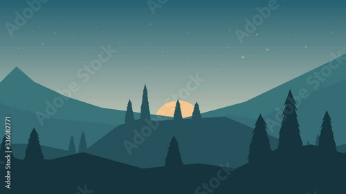 Animated cartoon background. Looped animation of mountain landscape with pine trees. Flat footage with parallax effect. side view