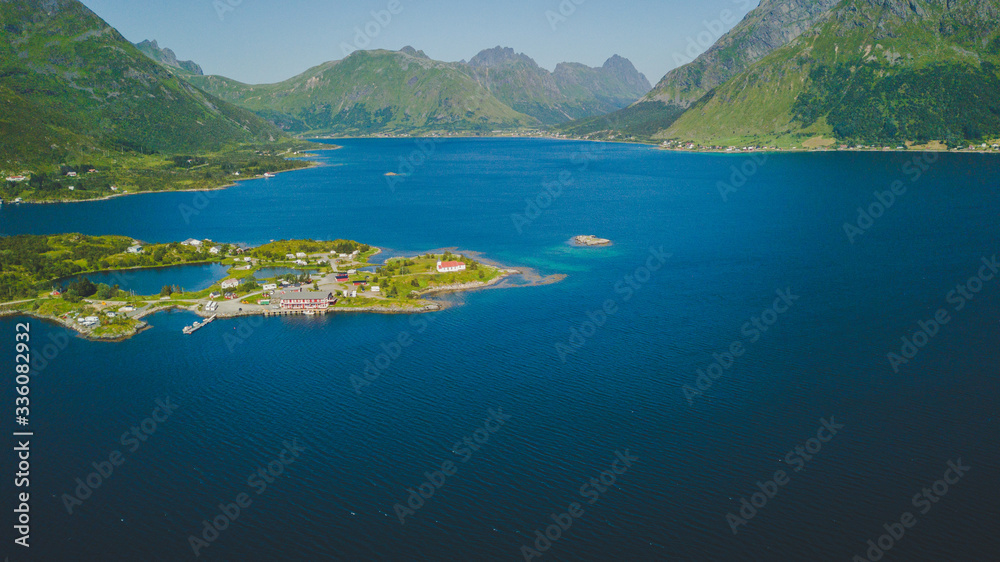 Aerial panoramic view of Lofoten, Norway, sunny arctic summer