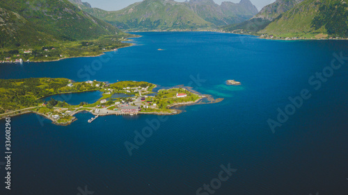 Aerial panoramic view of Lofoten, Norway, sunny arctic summer