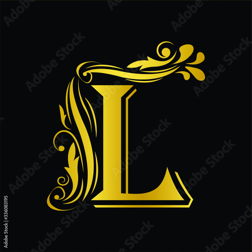 Gold letter L. Vintage golden flower ornament initial letters.  Alphabet. Logo vector 