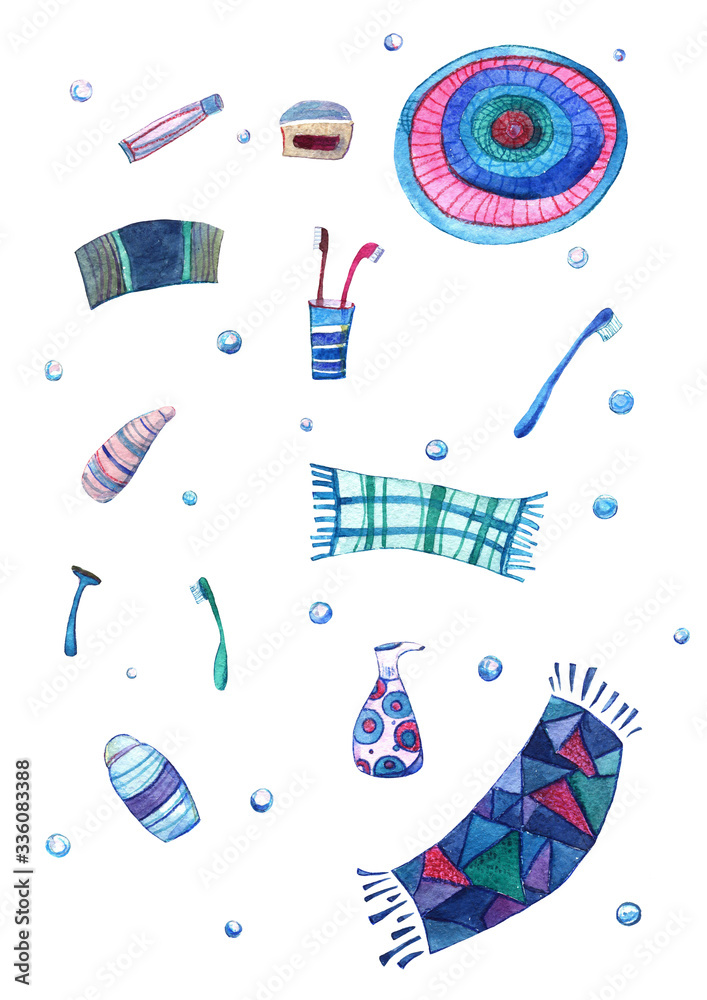 Watercolor, set of bathroom accessories, toothbrush, razor, soap, dispenser, shampoo, towel, bubbles