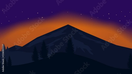 Animated cartoon background. Looped animation of mountain landscape with pine trees. Flat footage with parallax effect. side view