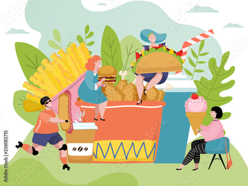 Fast food addiction vector illustration. Food addictive disorder concept. Overweight people eating unhealthy junk food. Female cartoon characters with obesity eat burger, ice cream, taco, hot dog.