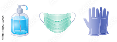 Corona virus Covid 19 icon set. Coronavirus prevention and medical elements collection. Soap bottle, respirator mask, medical surgical gloves icons. Vector illustration isolated on white background.