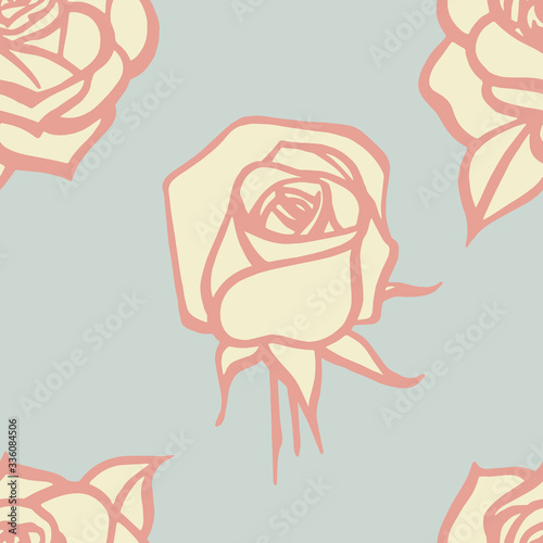 A beautiful pale blue retro seamless pattern with rose