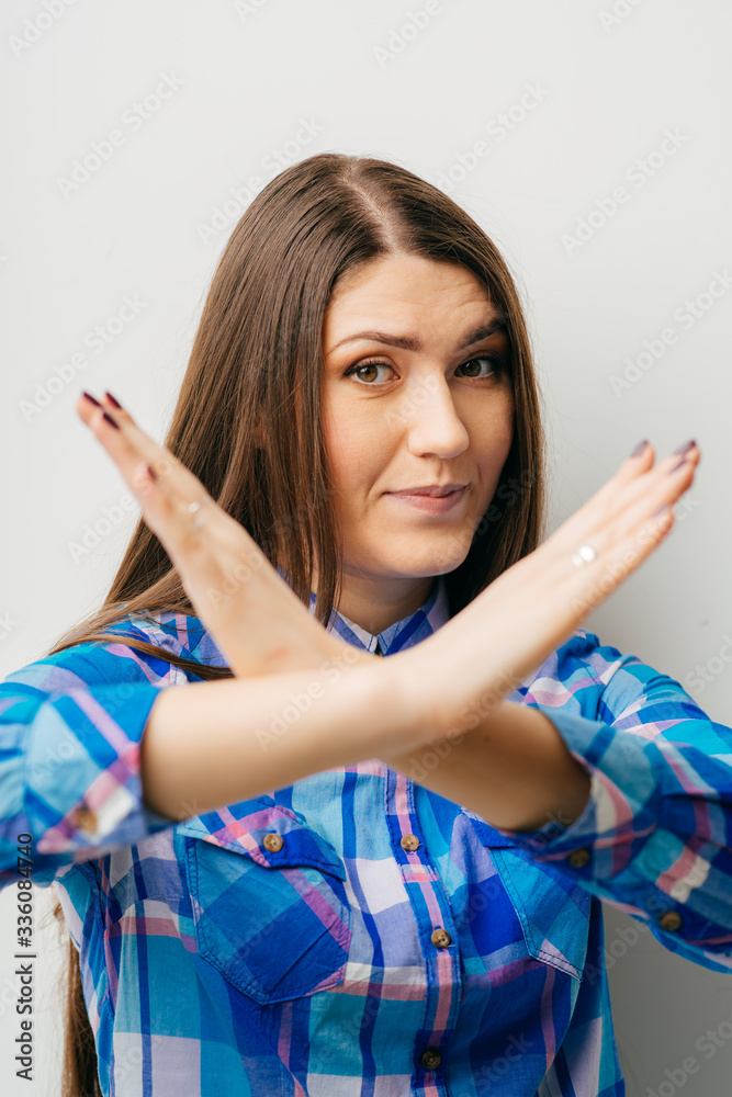 on white background young girl shows timeout on white background young girl shows timeout