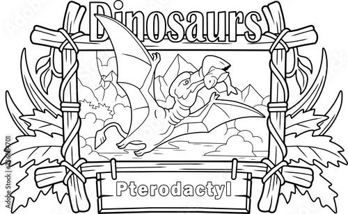 Fototapeta Naklejka Na Ścianę i Meble -  prehistoric dinosaur pterodactyl fishing, coloring book, funny illustration