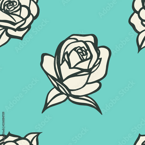 A beautiful turquoise retro seamless pattern with rose