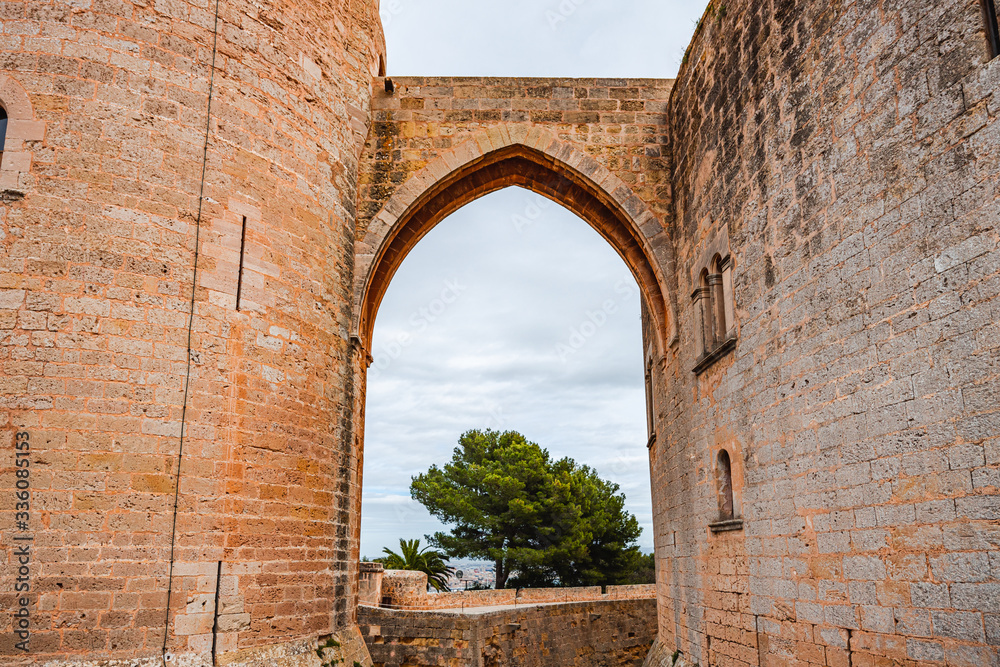 Palma de Mallorca, Spain - 03/03/2020: Entrance of the circular gothic castle 'Castell de Bellver'.