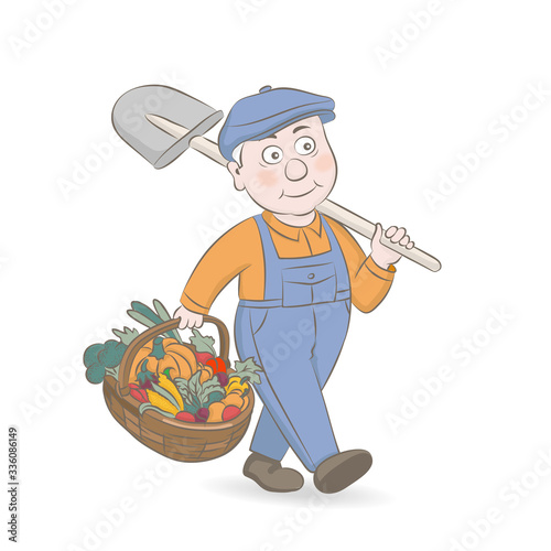 Old man farmer in coverall hold shovel and a basket with harvested crop. Vector cartoon colorful illustration isolated on white.