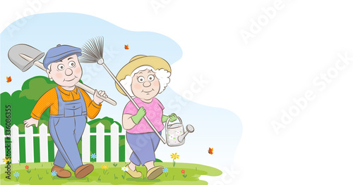 Old man farmer in coverall with shovel and cute old lady with a watering can and rake.Vector cartoon colorful illustration.