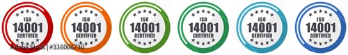 Iso 14001 icon set, flat design vector illustration in 6 colors options for webdesign and mobile applications