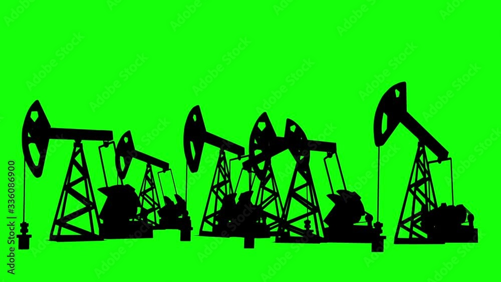 Equipment for oil production runs on chromakey. Silhouettes of oil pumping machines on a green background. Machines, black, for oil production