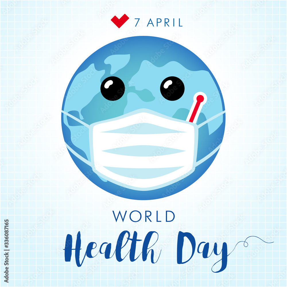 Obraz premium World Health Day, planet in guard mask medicine. World health day 7 April, lettering and smile planet. Vector banner
